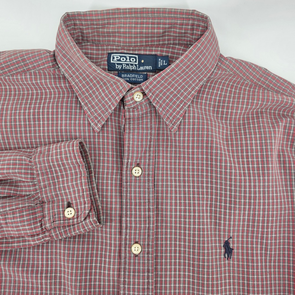 Polo Ralph Lauren Shirt Mens L‎ Heritage Cotton Bradfield Check Red Grey Classic
